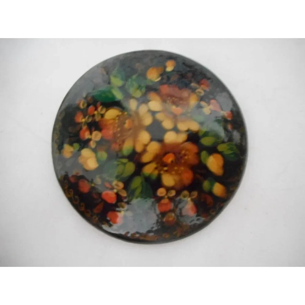 Vintage Hand painted Signed Russian Floral Lacquer Pin Brooch